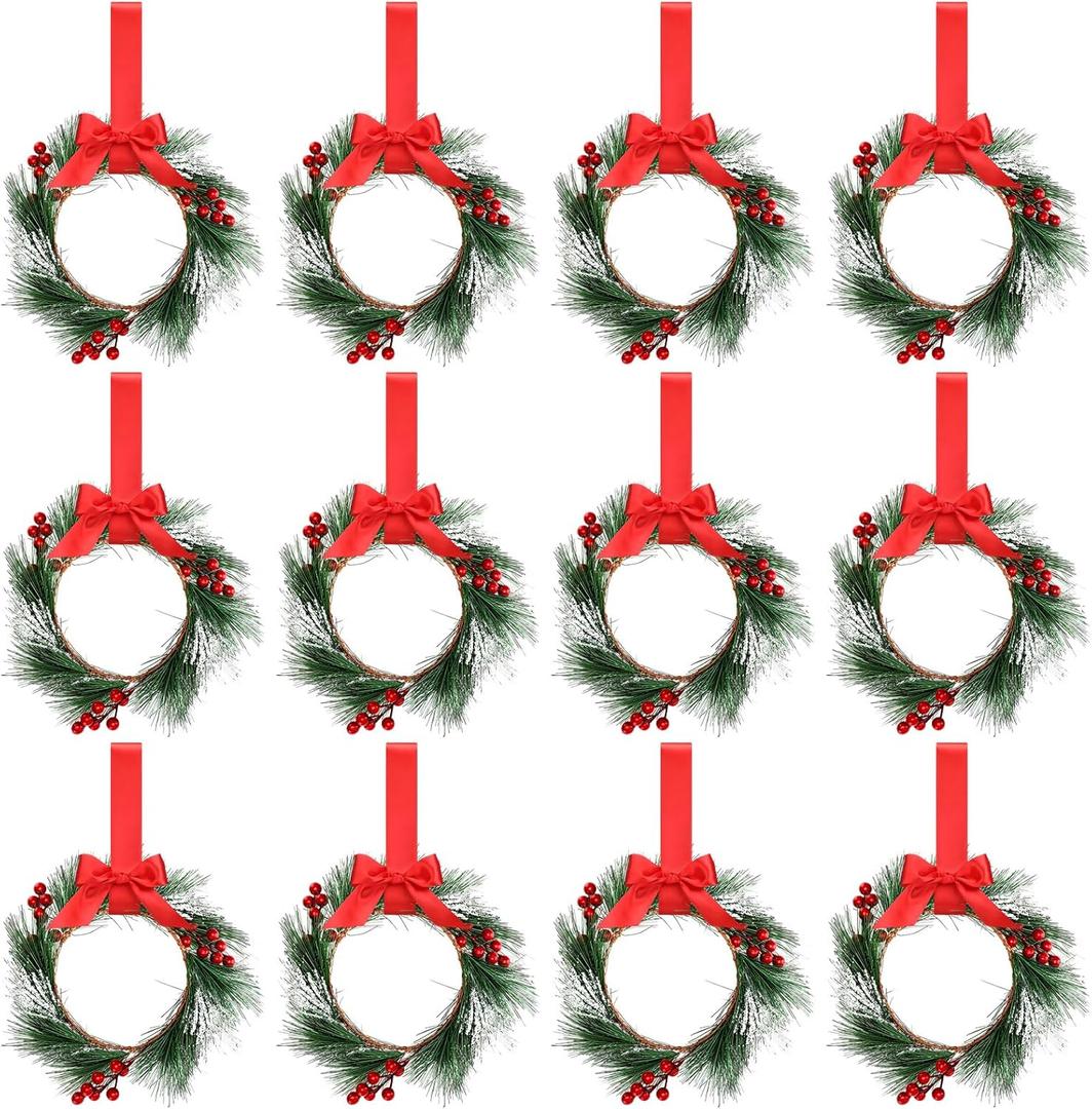 Crowye 12 Pcs Small Mini Christmas Cabinets Wreaths for Kitchen with Ribbon 10'' Hanging Artificial Green Leaves Decor Berry for Window Front Door Kitchen Wall Decor (Red)