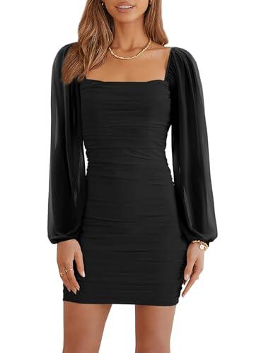 Ofenbuy Women's Mesh Long Sleeve Dress Square Neck Ruched Mini Bodycon Dress Stretch Party Cocktail Dresses Black, S