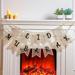 Menkxi 2 Pcs Eid Mubarak Banner Decorations Wooden Ramadan Eid Decoration for Home Rustic Ramadan Mubarak Garland Hanging Supplies for Mantel Fireplace Muslim Home Indoor Outdoor Party(Natural, Black)
