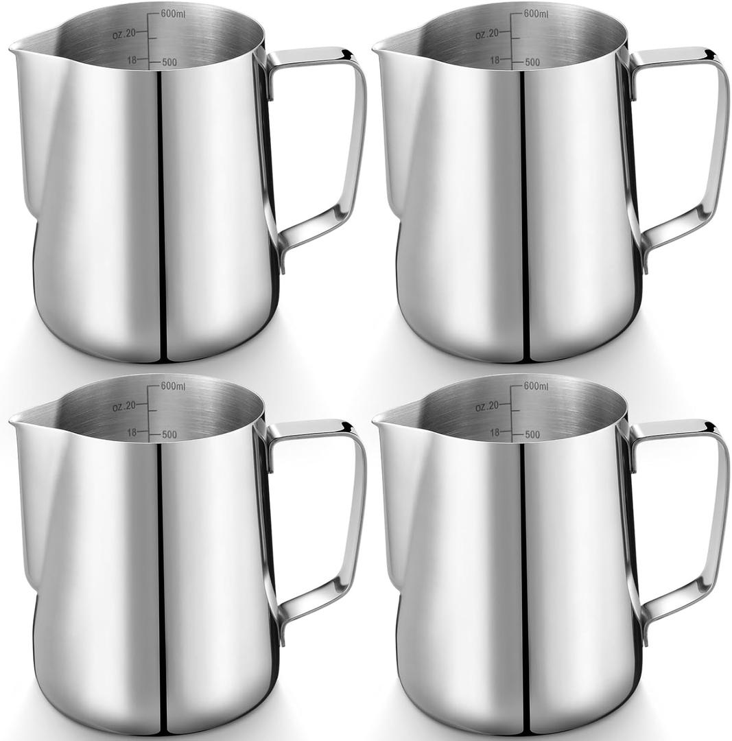 Honeydak 4 Pcs Milk Frothing Pitcher 304 Stainless Steel Steaming Pitchers for Coffee Bar Cappuccino Barista Tools Milk Jug Steamer Frother Cup (20 oz)