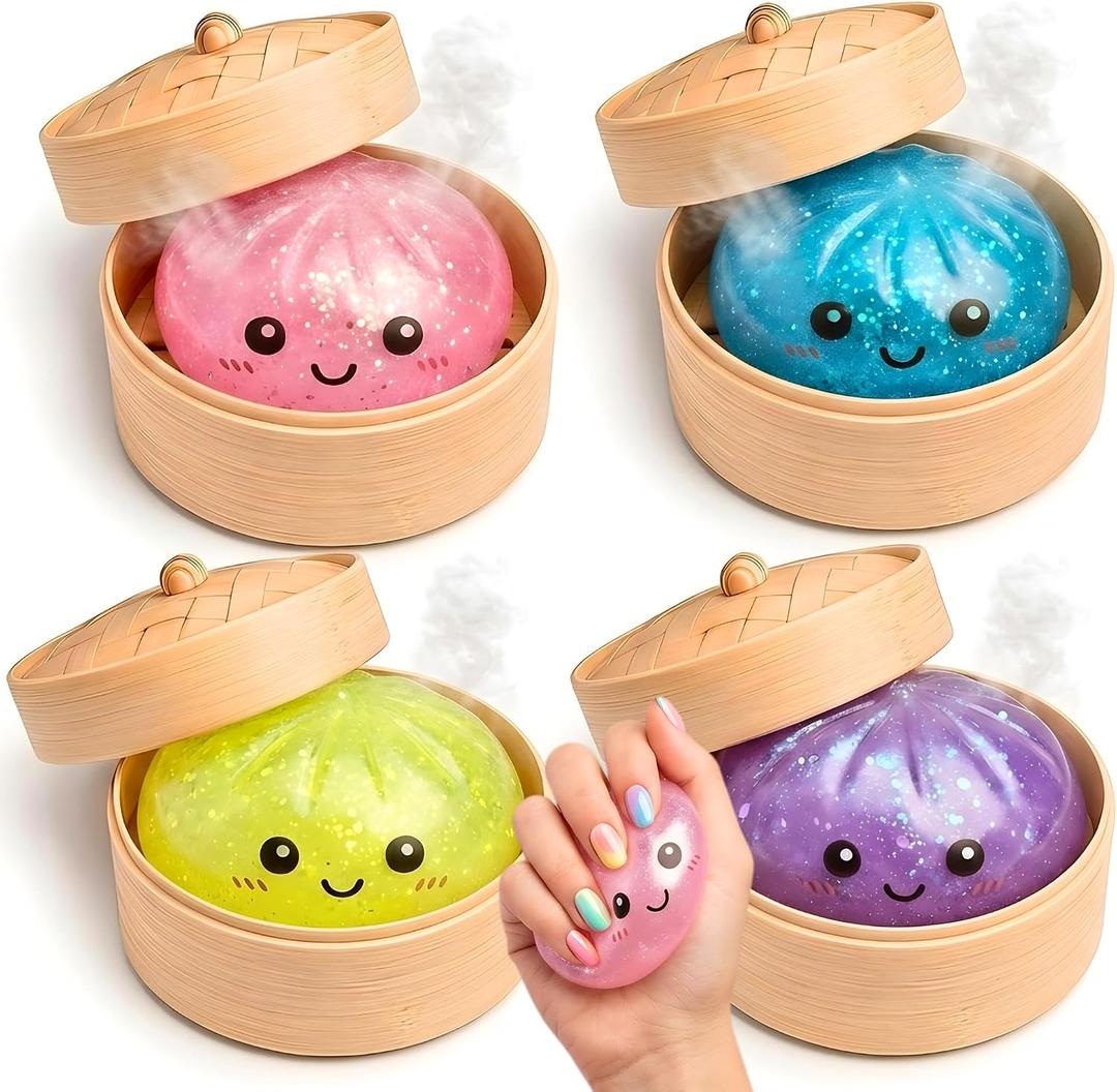 Glitter Dumpling Squishy Mystery Box 4 Pcs - 2026 Upgraded Dumplings Squishes for Adults Teens Squeeze Easter Basket Stuffers Smiling Yellow Pink Purple Light Blue