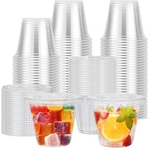Lamosi 100 Pack 9 oz Clear Plastic Cups with Lids, Disposable Cups with Flat Lids, Ideal for Ice Cream, Cold Drinks, Fruit, Dessert, Yogurt Parfait