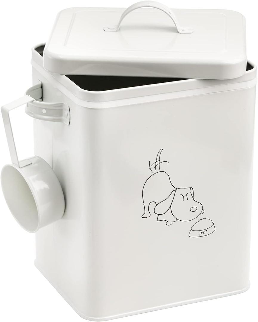 SOUJOY Pet Treat and Food Storage Bin with Lid and Scoop, 5LBS White Vintage Farmhouse Storage Tin, Coated Carbon Steel Canister, Gift for Dogs Owners