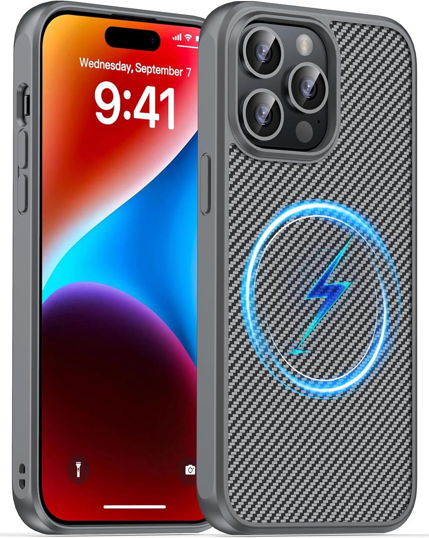 Magnetic for iPhone 14 Pro Max Case, Anti-Scratch Carbon Fiber Texture-Compatible with MagSafe - Military Grade Drop Protection - Slim Shockproof Phone Cover 6.7", Gray