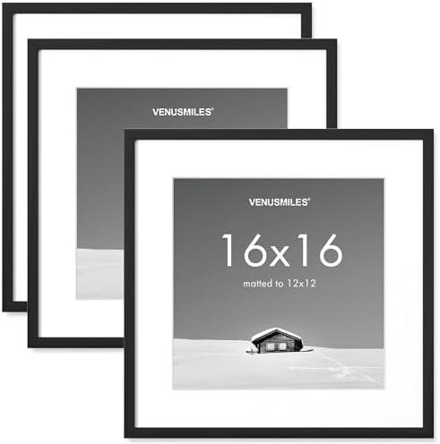 Venusmiles 16x16 inch Picture Frame, 16x16 Photo Frames with 12x12 Removable Mat - High Definition Plexiglass - Vertical and Horizontal Display - Wall Hanging Frame - Black, 3 Pack  (All Three Are New)