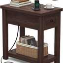 Armocity Narrow End Table with Charging Station - Farmhouse Side Table with Drawer, 14" Wide Wood Nightstand Slim Couch Bedside Table for Living Room Bedroom Small Spaces, Black Walnut, 1 Pack