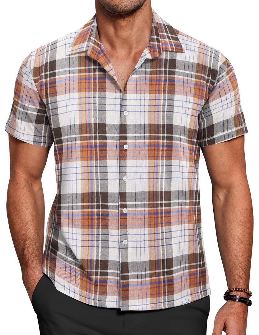 COOFANDY Mens Button Up Shirts Short Sleeve Collared Button Down Shirt Men Checkered Shirt Orange