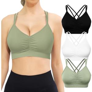 VEQKING Ruched Sports Bras for Women Large Bust, Seamless Padded Strappy Medium Support Yoga Bra, 3 Pack, Size L   (3Pack(Black+White+Green))