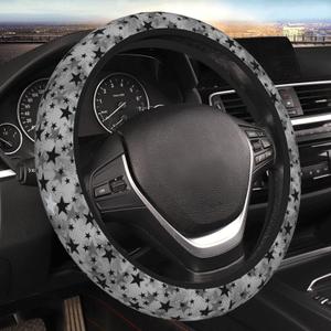 Black and Gray Stars Steering Wheel Cover Universal 15 Inch Cute and Fashionable Car Accessories Protector for Women Men (One Size)
