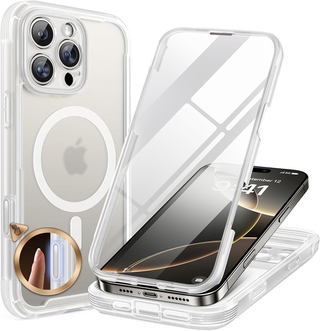 Miracase Magnetic for iPhone 16 Pro Case Full-Body Phone with Built-in Glass Screen Protector, [Compatible with MagSafe] Military Drop Proof 16 Pro Cover Bumper 6.3 inch, Matte Clear