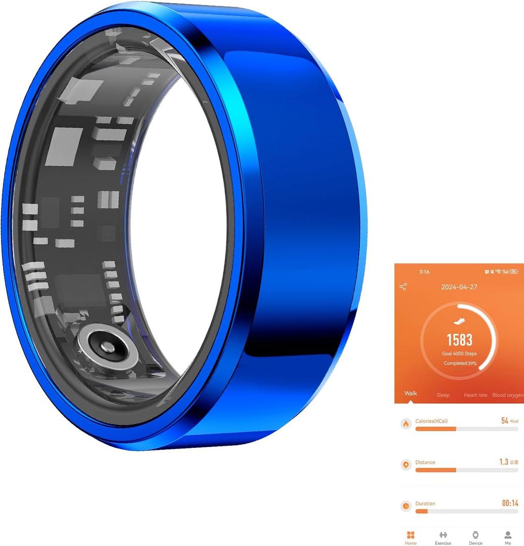 Fitness Tracker Smart Ring,Step Counter,Heart Rate Blood Oxygen Sleep Tracker Health Ring, 5ATM Waterproof Long Battery Life Smart Rings Compatible with iOS & Android (Blue, US 8)