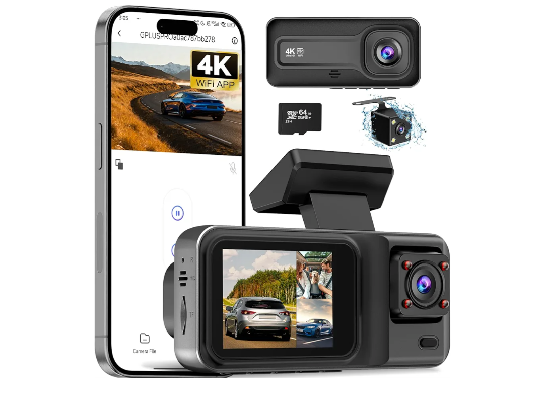 3 Channel 4K Dash Cam with 5GHz WiFi & APP Control, 4K+1080P+1440P Dash Cam Front and Rear Inside with 64GB Card, Dash Camera for Cars with Night Vision, Loop Recording, 24H Parking Mode, G-Sensor