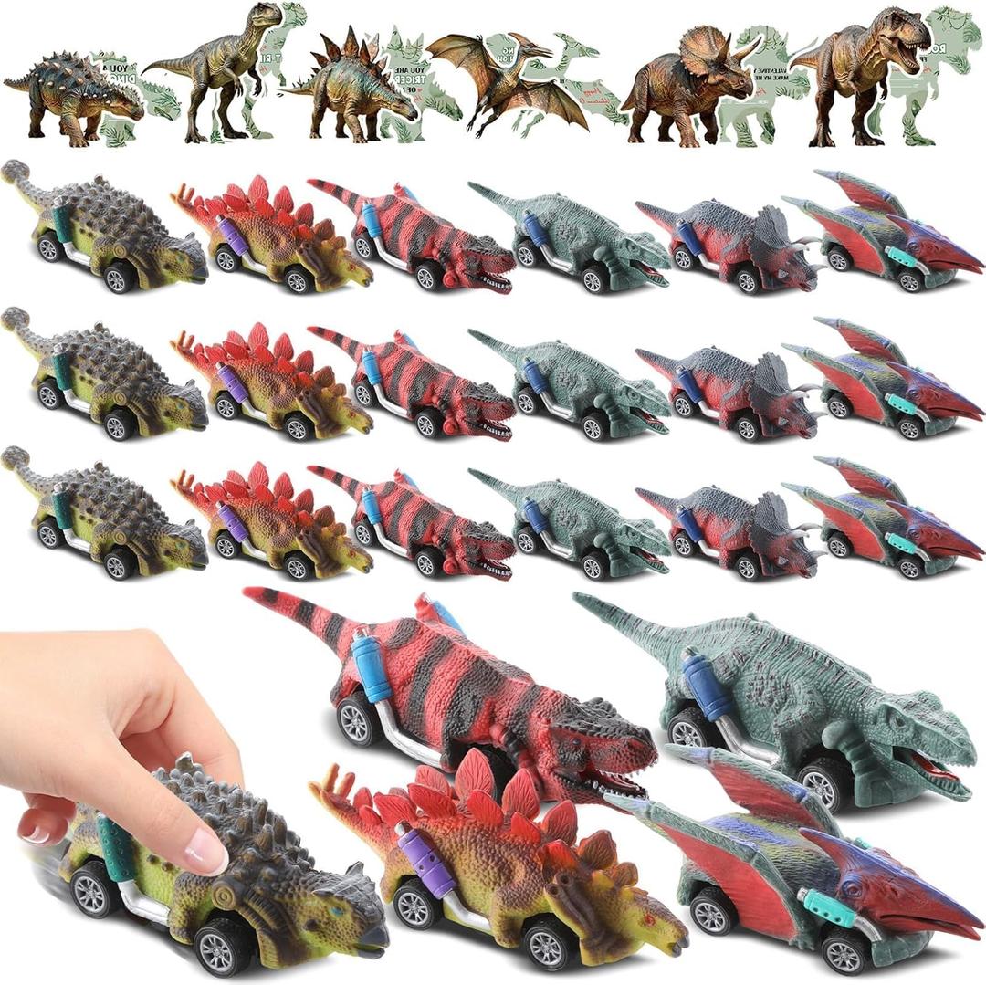 24 Sets Valentines Day Gift Set with Dinosaur Pull Back Cars Dino Greeting Cards Bulk Pull Back Dino Cars for Valentine Exchange Gifts Goodie Bag Stuffers Party Favors