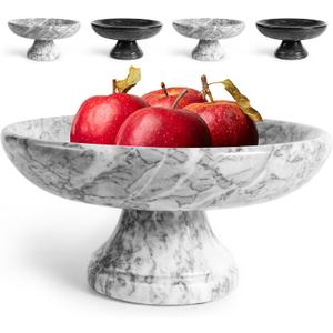 Marble Fruit Bowl with Anti-Slip Pads, Decorative Footed Marble Bowl for Kitchen Countertop & Dining Table Centerpiece, Large Decorative Bowl, White, 9.8 in