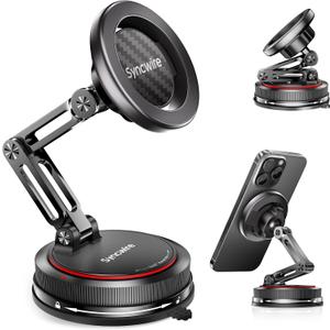 SYNCWIRE for MagSafe Car Mount [3-Axis] Nano Adhesive Gel + Strong Suction Cup Magnetic Phone Holder for Dashboard & Windshield, 360 Adjustable for iPhone 17 16 15 14 13 12, Samsung, Carbon Fiber
