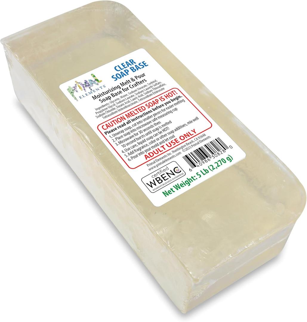 Primal Elements Clear Soap Base - Moisturizing Melt and Pour Glycerin Soap Base for Crafting and Soap Making, Vegan, Cruelty Free, Easy to Cut, Unscented - 5 Pound (80 Ounce (Pack of 1))