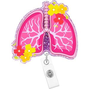 Pink Lung Badge Reel Retractable Respiratory Therapist Nurse RT Nursing Badge Holder with ID Clip Accessories Medical Assistant Funny RN CNA Glitter Acrylic Name Badge Clip Doctor Card C1Pn