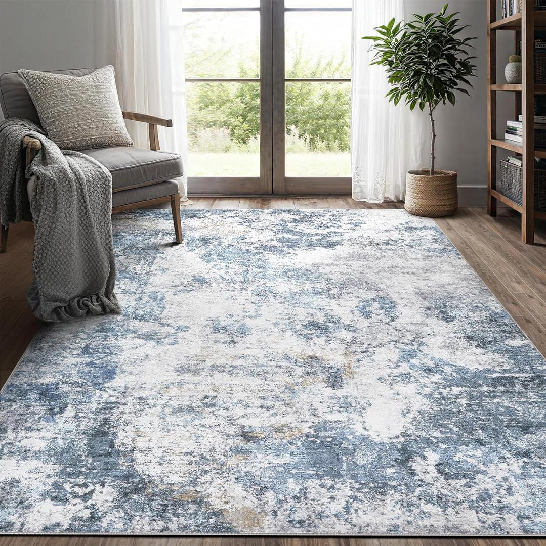 Living Room Area Rugs - 5x7 Abstract Large Soft Indoor Washable Rug Neutral Modern Low Pile Carpet for Bedroom Dining Room Farmhouse Home Office - Blue