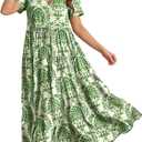 YESNO Women's Summer Maxi Dresses Casual Floral Short Sleeve V Neck Boho Beach Vacation Swing Dress with Pockets EVF, L