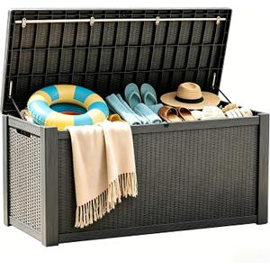 328 Gallon Waterproof Outdoor Storage Box, Heavy Duty Resin Deck Box Lockable, Large Outside Patio Storage Bench for Garden Tools & Pool Accessories,Hydraulic Lift, All-Season UV-Resistant, Gray Brown