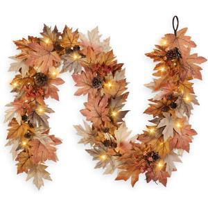 6 FT Fall Garland with Lights Timer Function Fall Leaves Garland with Berries Pine Cones Realistic Autumn Automatic ON/Off Timer Fall Decorations for Home Mantle Fireplace Porch Table