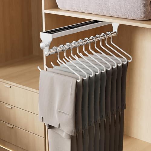 Pull Out Closet Valet Rod, Heavy Duty Adjustable Closet Rod, 13.7inch Telescopic Pant Rack, Space Aluminum Clothes Hanger Rail, Closet Storage Organizer for Trousers Clothes White