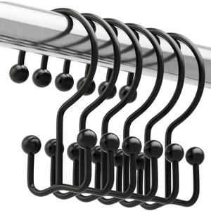 Titanker Shower Curtain Hooks Black, Minimalist Simple Double Glide Shower Curtain Rings, Rust Proof Metal Shower Hooks Rings for Bathroom Shower Rods Curtains, Set of 12 Hooks
