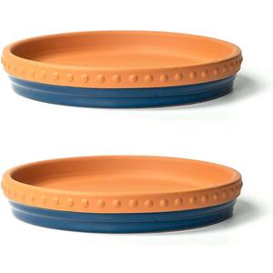 YBX 8-inch Plant Saucer Premium Terracotta Saucer Round Ceramic Plant Trays, Pack of 2 (Navy/Terracotta)