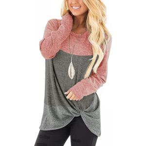 SHIBEVER Long Sleeve Women Tops: Fall Casual Tunic Shirts for Womens Round Neck Twist Knotted Tee Blouses Color Block Pink M