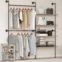 Industrial Pipe Clothing Rack Wall Mounted Heavy Duty, Space Saving Garment Hanger System for Wardrobe/Walk-in Closet,Black