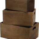 Hedume Set of 3 Nesting Wooden Crates, Wood Crate Box with Handle, Rustic Brown Decorative Wood Storage Crates Container, Stackable Cube Basket Bins Organizer for Home, Office, Closet, Shelf