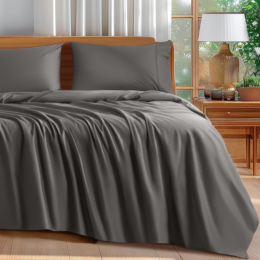 Shilucheng 100% Cotton Queen Size Sheets Set - 600 Thread CountLuxury Egyptian Cotton Bed Sheets5-Star Hotel Quality Sheets, Breathable & Cooling, 16 Inch Deep Pocket - 4 Piece (Dark Grey, Queen)