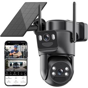 Kurain Dual Lens Solar Security Cameras Wireless Outdoor, 5G/2.4G WiFi 6, 360 View Pan/Tilt Home Security Camera with 6MP Color Night Vision, Motion Detection, Human Tracking, Spotlight Siren (Black)