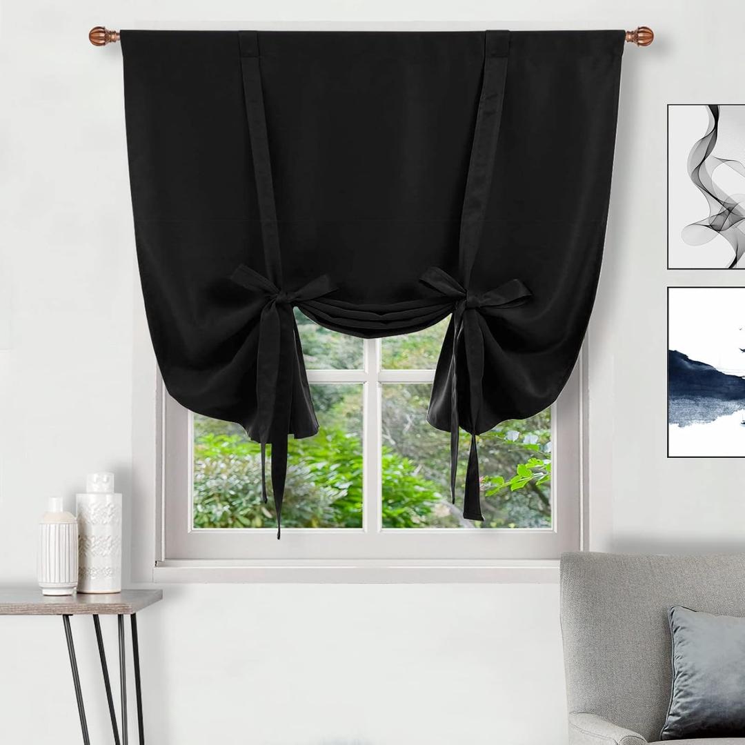 DWCN Tie Up Curtain-Thermal Insulated Room Darkening Blackout Curtains for Livingroom, Bedroom and Dining Room, Black, W42 X L63 Inches, 1 Rod Pocket Panel