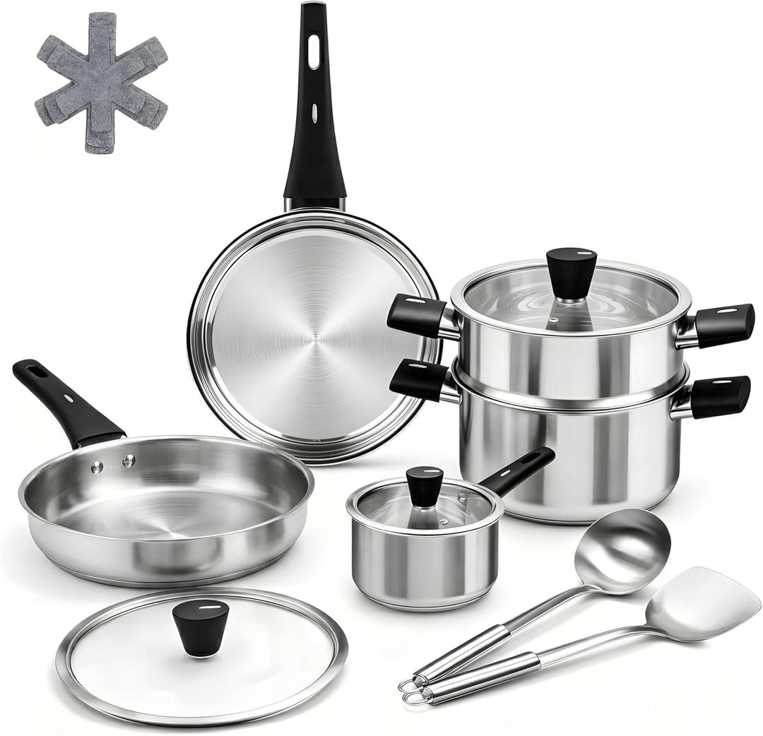 Stainless Steel Cookware Set, 14-Piece Pots and Pans Set, Kitchen Cookware Set with Stay-Cool Handle, Non-Toxic, Dishwasher Safe & Compatible with All Stovetops (Gas, Electric & Induction)