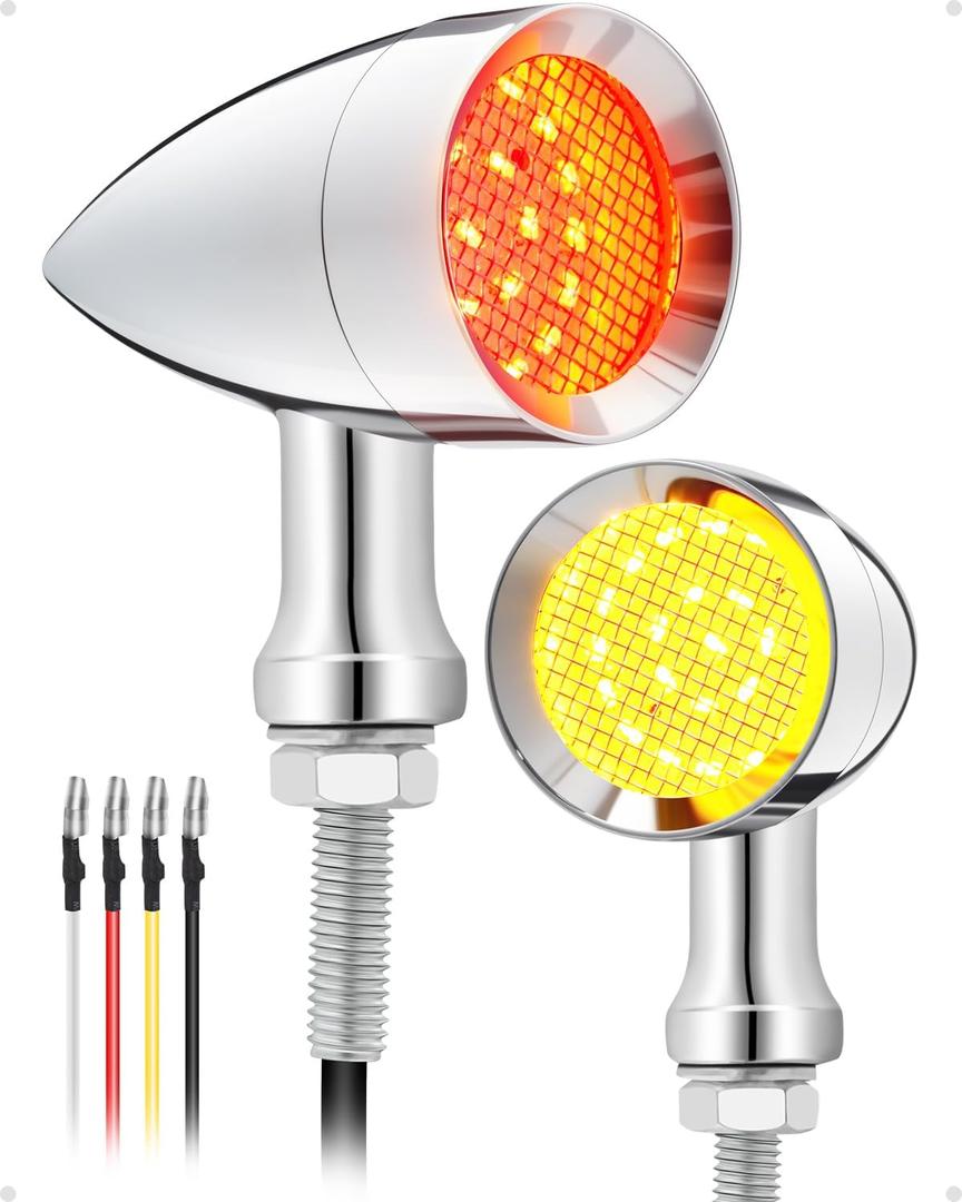 PBYMT Motorcycle Rear Turn Signals LED, 24 LEDs Bullet Blinkers Chrome Amber Lights Compatible for Harley Honda Kawasaki Suzuki Triumph Yamaha (2PCS) (Chrome/Red & Yellow)
