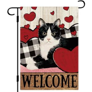 DLZDN Welcome Valentines Day Cat Garden Flag Valentine Love Heart Garden Flag 1218 Inch Double Sided Buffalo Plaid Farmhouse Yard Flag Anniversary Wedding Outdoor Decor