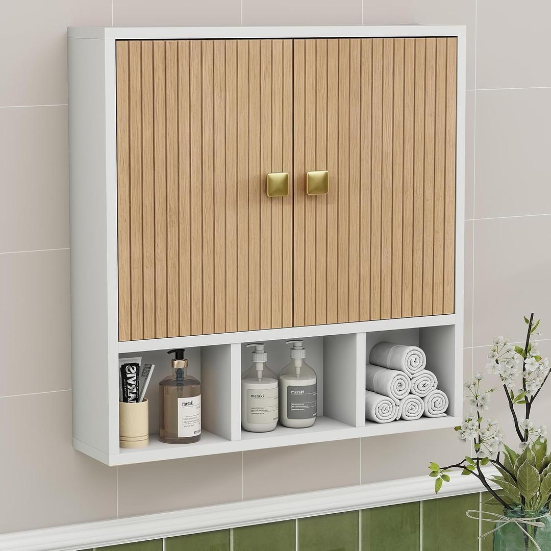 Bathroom Wall Cabinet,Wooden Medicine Cabinet with Fluted Doors, 22.05" W x 22.83" H x 5.12" D