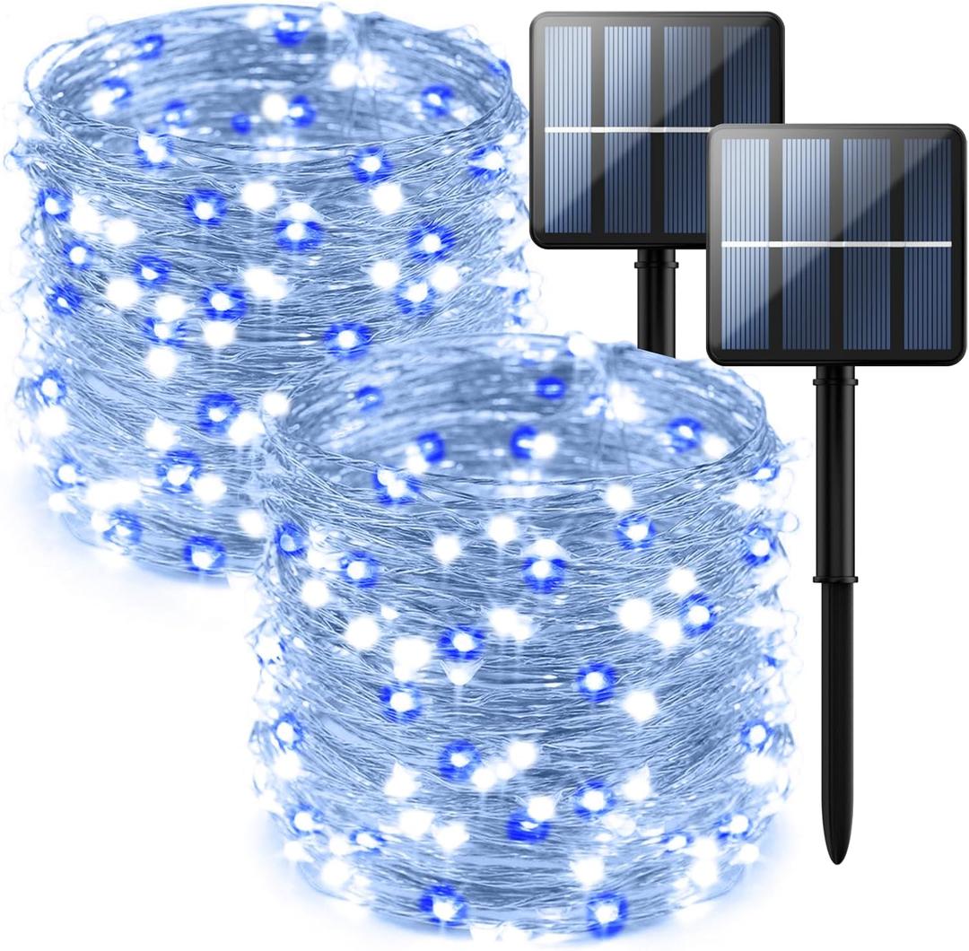 1-Pack 200 LED Solar Fairy Lights Outdoor, Upgraded Oversize Lamp Beads & Super Bright Solar String Lights Outoor, 8 Modes Solar Lights for Garden Patio DecorationsBlue&White