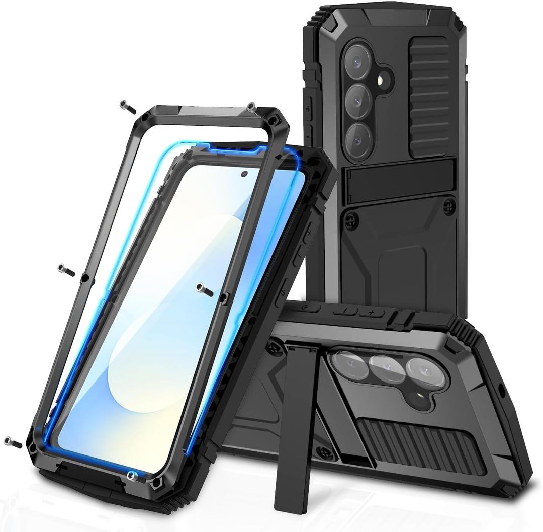 for Samsung Galaxy S25 FE Metal Military Heavy Duty Case, Metallic Bumper Shockproof Dustproof Rugged Tough with Stand Screen Protector Camera Control Full Body Drop Protective Cover (Black)
