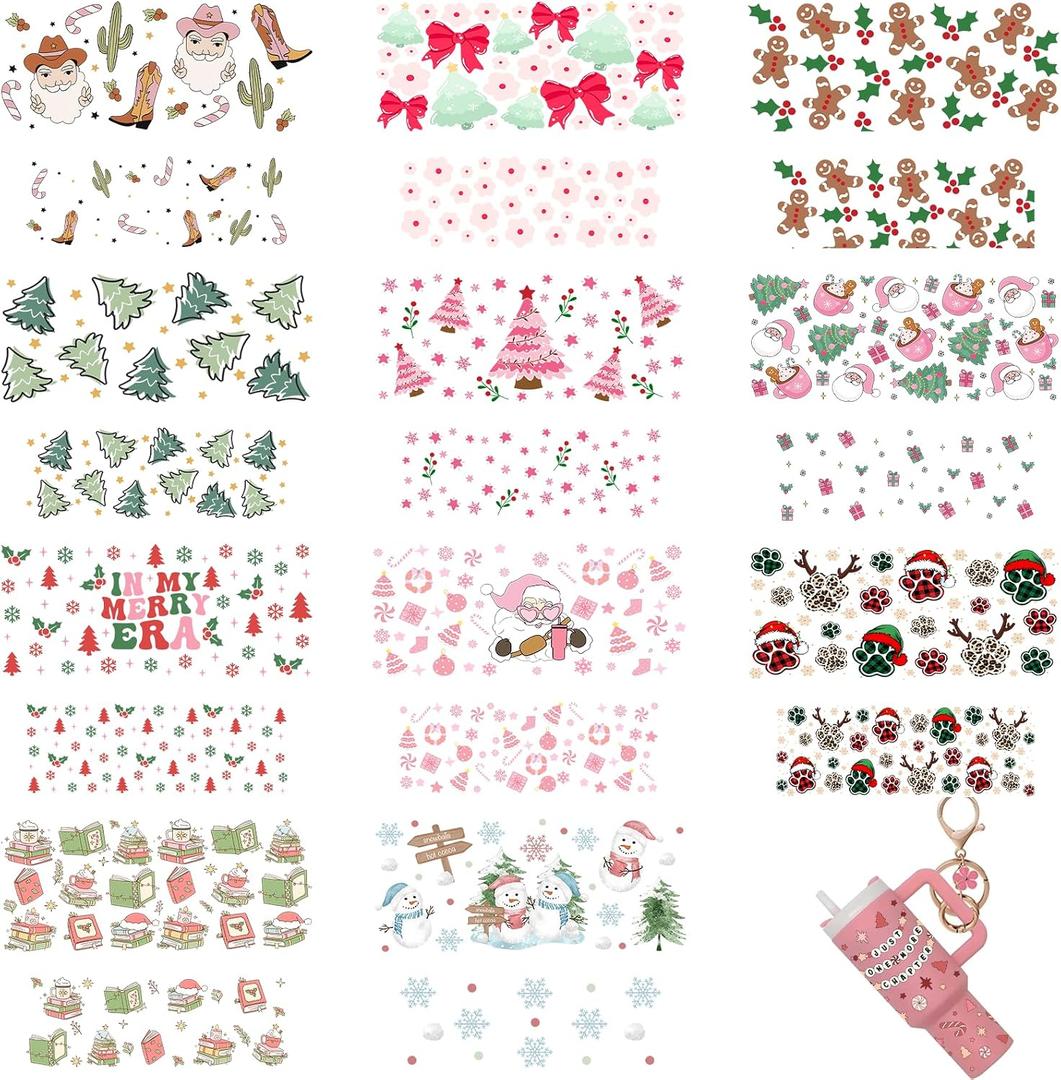 42PCS Merry Christmas Bow Ghost 3D MINI UV DTF Cup Wrap Stickers for 40 OZ Tumbler Keychain Candy Cane Holly Christmas Tree mini UV DTF Cup Wraps for 40 OZ Cups Key Pendant Snowflake Book