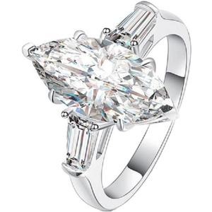 Classic Platinum Plated Marquise Cut and Baguette CZ Cubic Zirconia Engagement Ring 3-Stone Wedding Promise Rings for Her (US Size 6)