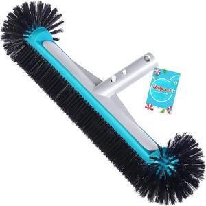 Swimming Pool Brush Head with Round Ends,17.5" Heavy Duty Aluminum Back Head for Cleans Walls, Tiles & Floors, 7 Rows Premium Nylon Bristles with EZ Clips (Blue Black)