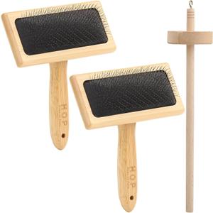 2PCS Wool Carders with Drop Spindle Set, Hand Carders Wool Needle Felting Brush, Drop Spindle Maple Top Whorl Spinning Smooth Finish, for Craft Felt Project