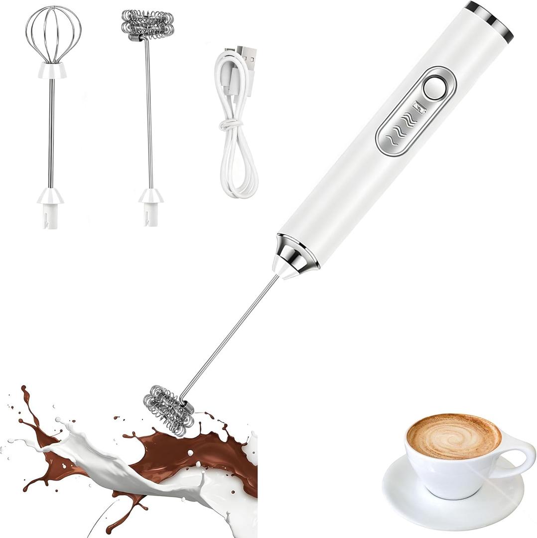 Handheld Milk Frother Wand 3-Speed,Electric Whisk Drink Mixer for Coffee,Milk,Cream,Lattes,Usb Charging with 2 Heads,Coffee Enthusiasts Gift-White