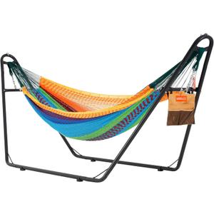 Lazy Daze Hammocks Handwoven Mayan Hammock with Heavy Duty Steel Stand, 10.5 FT Soft Rope Double Hammock for Patio Outside, 550 lbs Weight Capacity, Multi Color