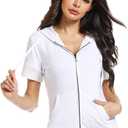MISS MOLY Women's Short Sleeve Hoodie Full Zip Up Cotton Slim Fit Sweatshirt with Pocket (White, L)