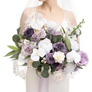 Ling's moment Lilac Wedding Bouquets for Bride, Purple Bridal Bouquets for Bride, 15 Inch Free Form Artificial Wedding Flower Bouquet