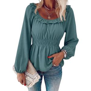 Womens Puff Long Sleeve Babydoll Tops Square Neck Ruffle Peplum Blouse Smocked Loose Fit Tunic Top Dressy Tee Shirts (Medium, Green)