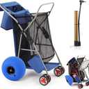 DoubleFill Beach Cart with 12 inch Balloon Wheels for Sand Foldable Beach Buggy Wide Wheel Storage Wagon Rust Free Aluminum Frame with Body Board Holder Removable Tote for Most Terrain(Blue,Classic)